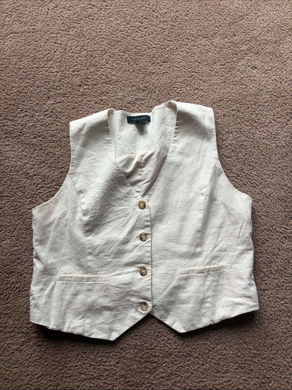 Tahari Cream V-Neck Tailored Linen Vest